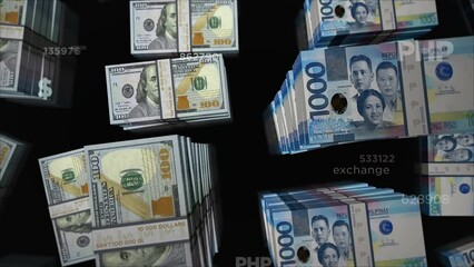 Wall Mural - American Dollar and Philippine Peso money exchange. Banknotes pack bundle. Concept of trade, economy, competition, crisis, banking and finance. Notes loopable seamless 3d.