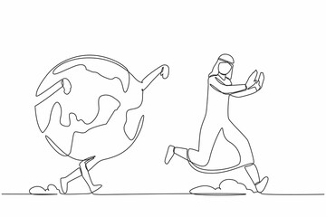 Poster - Single continuous line drawing unhappy Arab businessman being chased by globe. International company worker having trouble traveling because of the pandemic. One line draw design vector illustration