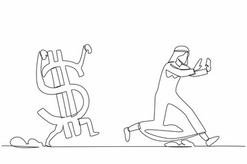 Poster - Continuous one line drawing unhappy Arab businessman being chased by dollar symbol. Manager afraid with financial crisis, losing his money. Minimalist metaphor. Single line design vector illustration
