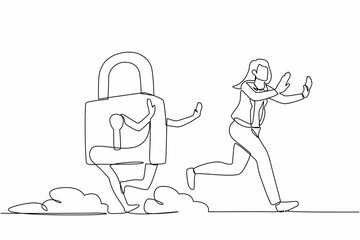 Poster - Single one line drawing scared businesswoman being chased by padlock. Female employee hurry in business protection security. Minimal metaphor. Continuous line draw design graphic vector illustration