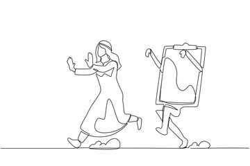 Poster - Single continuous line drawing unhappy Arab businessman being chased by clipboard. Manager hurry in deadline checklist of business project. Minimal metaphor. One line draw design vector illustration