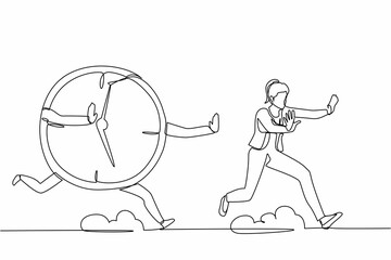 Poster - Continuous one line drawing scared businesswoman being chased by time, deadline. Female worker hurry in project schedule, productivity. Minimalist metaphor. Single line draw design vector illustration