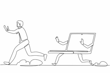 Poster - Continuous one line drawing stressed businessman being chased by laptop. Male employee in office who has deadlines and tasks that are constantly. Single line draw design vector graphic illustration