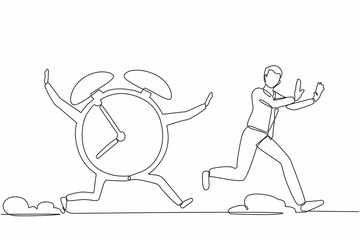 Poster - Single one line drawing stressed businessman being chased by clock. Running out of time. Deadline project. Minimal metaphor concept. Modern continuous line draw design graphic vector illustration