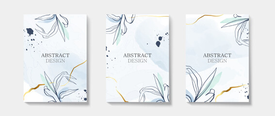 Poster - Abstract Luxury Nature Watercolor background for wedding or invitation card and cover design. Minimal and Elegant template with flower, leaves and golden line elements vector illustration