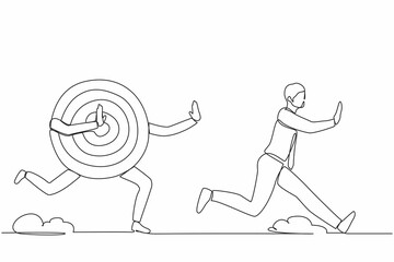 Poster - Single continuous line drawing stressed businessman being chased by archery bullseye target. Losing motivation to achieve business goal, advancement in career. One line draw design vector illustration