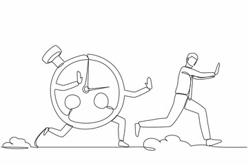 Poster - Single continuous line drawing stressed businessman being chased by stopwatch. Manager chased by measurement, time management, effective planning concept. One line graphic design vector illustration