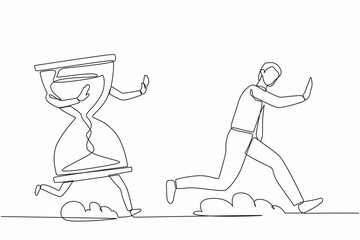 Poster - single one line drawing stressed businessman being chased by hourglass. office worker feeling stress