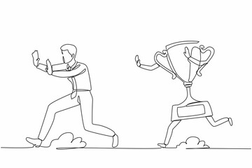 Poster - Single one line drawing stressed businessman being chased by trophy. Failed with business direction, mission, vision, goal, success, victory. Continuous line draw design vector graphic illustration