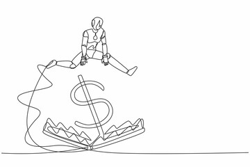 Poster - Continuous one line drawing robot jumping over money pitfall with big money dollar symbol. Financial money trap. Humanoid future robot cybernetic organism. Single line draw design vector illustration