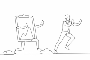 Poster - continuous one line drawing stressed businessman being chased by clipboard. male employee in deadlin