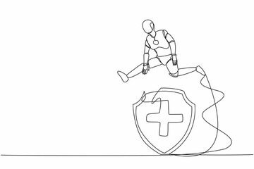 Poster - Single one line drawing robot jump over big shield. Protection, insurance, from business danger. Future technology development. Artificial intelligence. Continuous line draw design vector illustration
