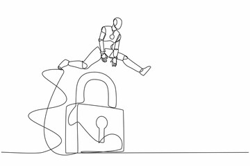 Aufkleber - Single continuous line drawing robot jumping big padlock. Business protection security. Success business key accessibility. Robotic artificial intelligence. One line draw design vector illustration