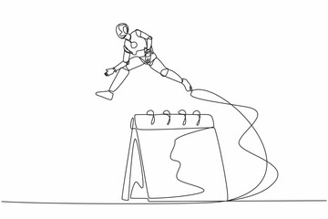 Poster - Continuous one line drawing robot jumping over big calendar, planning month work in desk calendar. Humanoid cybernetic organism. Future robotic development. Single line draw design vector illustration