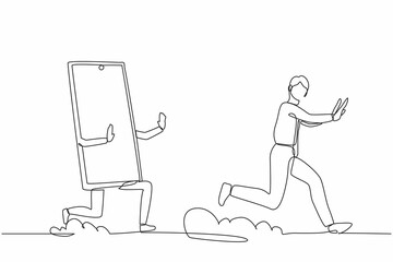 Poster - Continuous one line drawing stressed businessman being chased by smartphone. Refuse to talk, communication, technology, speaking. Minimalist metaphor. Single line design vector graphic illustration