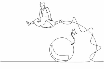 Poster - Single continuous line drawing Arab businesswoman jumping over bomb. Explosion of economic crisis, impact on increasing unemployment, poverty. Dynamic one line draw graphic design vector illustration