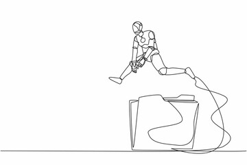 Poster - Single one line drawing robot jumping over big folder icon. User data archive. Office paper document, file folders. Future technology development. Continuous line design graphic vector illustration
