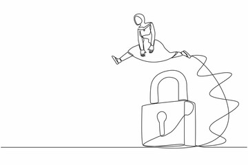 Poster - Single one line drawing active Arab businesswoman jumping big padlock. Business protection security. Professional solutions, success key. Modern continuous line draw design graphic vector illustration