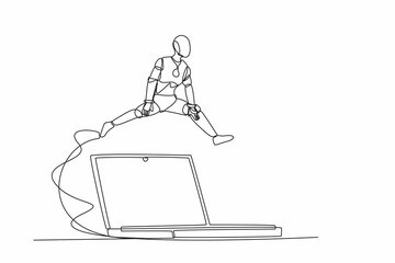 Fototapete - Single one line drawing robot jumping over big laptop computer. Office system information technology digital. Future technology artificial intelligence. Continuous line draw design vector illustration