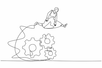 Poster - Single one line drawing Arab businesswoman jumping over big gears. Operation management system. Female entrepreneur developing business innovation. Continuous line design graphic vector illustration