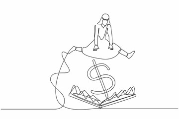 Poster - Single continuous line drawing Arab businessman jumping over pitfall with big money dollar sign bait. Financial investment scam. Trap of getting rich for a moment. One line design vector illustration