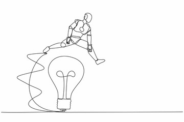 Poster - single continuous line drawing robot jumping over big light bulb. innovation transformation technolo