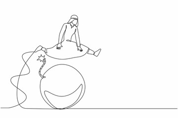 Poster - single continuous line drawing arab businessman jumping over bomb. economic crisis explosion. antici