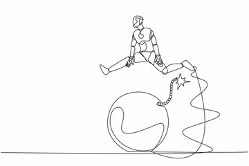 Poster - Continuous one line drawing robot jumping over bomb. Explosion of the economic crisis. Increasing unemployment. Humanoid robot cybernetic organism. Single line draw design vector graphic illustration