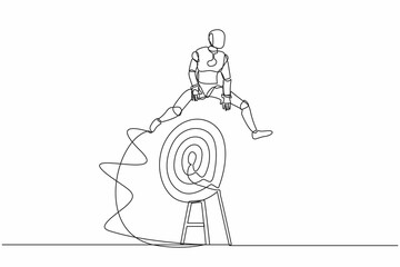 Poster - Single one line drawing robot jumping on big archery bullseye target. Achievement target goals. Future technology development. Artificial intelligence. Continuous line draw design vector illustration