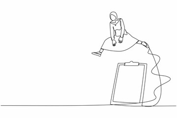 Poster - Single continuous line drawing Arab businesswoman jumping over big clipboard. Completion of business survey questionnaire. Checklist application paper. One line draw graphic design vector illustration