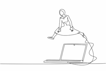 Poster - Single one line drawing Arab businesswoman jumping over big laptop computer. Data computing for working efficiency. Office system information. Continuous line draw design graphic vector illustration