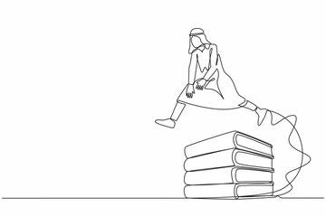 Poster - continuous one line drawing arabian businessman jumping over pile of big binders. management paperwo