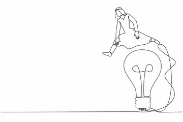 Poster - Single continuous line drawing Arab businessman jumping over big light bulb. Initiative of business new idea. Innovation, adaptation and creativity creation. One line draw design vector illustration
