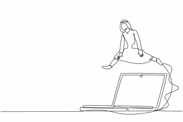 Poster - Single one line drawing Arabian businessman jumping over big laptop. Digital technology transformation. System data computing for working efficiency. Continuous line design graphic vector illustration