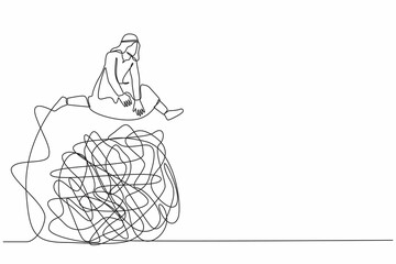 Poster - Continuous one line drawing Arabian businessman jumping over tangled scribble. Chaotic of office problem. Solution looking for complicated problem. Single line draw design vector graphic illustration