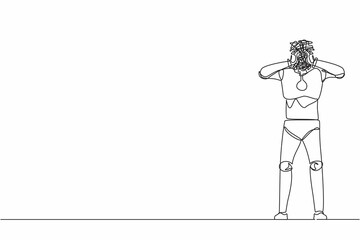 Poster - Continuous one line drawing robot with round scribbles instead of head. Confused robot searching answers trouble solution. Robotic artificial intelligence. Single line draw design vector illustration