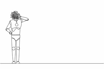 Poster - Single continuous line drawing robot with round scribbles instead of head. Doubting robot standing, thinking, unsatisfied serious worrying. Future technology. One line draw design vector illustration