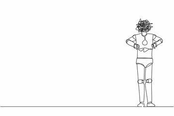 Aufkleber - single one line drawing robot with round scribbles instead of head, standing and showing thumbs down