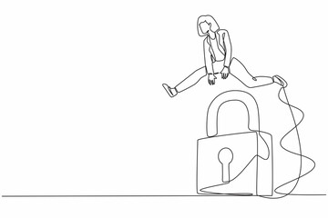 Wall Mural - Single continuous line drawing businesswoman jumping big lock. Business protection security. Professional solutions, success key or unlock business accessibility. One line design vector illustration