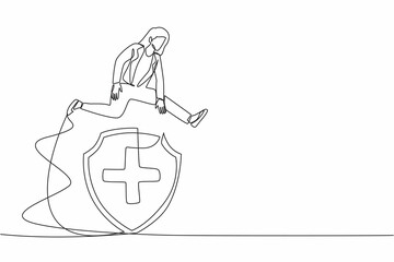 Poster - Single one line drawing businesswoman jumping over big shield. Protection, insurance, from business dangers. Financial defense. Money fund safety. Continuous line design graphic vector illustration