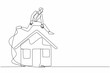 Single continuous line drawing businessman jumping over house. Housing loan or real estate investment. Mortgage agreement to bank. Debt obligation. One line draw graphic design vector illustration