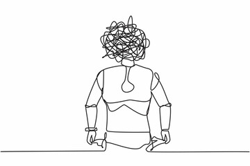 Poster - Single one line drawing robot with round scribbles instead of head. Robot with pockets turned outward, having no money. Future technology development. Continuous line draw design vector illustration