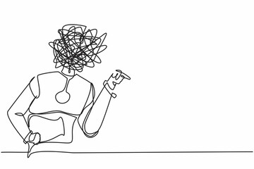 Poster - Continuous one line drawing robot with round scribbles instead of head. Angry robot arguing, conflicting. Quarrel fight aggressive. Humanoid cybernetic. Single line design vector graphic illustration