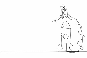 Poster - Single continuous line drawing businesswoman jumping over big rocket. Space rocket ready to fly. New business project. Successful startup launch preparation. One line draw design vector illustration
