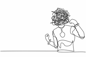 Poster - Single one line drawing robot with round scribbles instead of head, standing showing threatening gesture with clenched fist. Future technology. Continuous line draw design graphic vector illustration