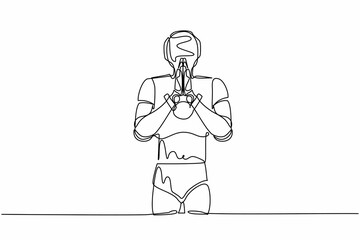 Poster - Single continuous line drawing robot standing with holding palms in prayer. Robot emotion, body language gesture. Modern robotic artificial intelligence. One line graphic design vector illustration