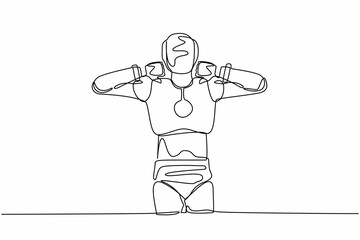 Poster - Single continuous line drawing robot standing with thumb down sign gesture. Dislike, disagree, disappointment, disapprove, no deal. Robotic artificial intelligence. One line design vector illustration