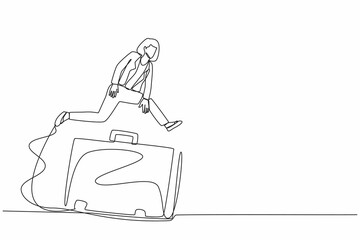 Poster - Single continuous line drawing businesswoman jumping over big briefcase. Manager diplomat conclude contracts and store financial information. Professional suitcase. One line design vector illustration