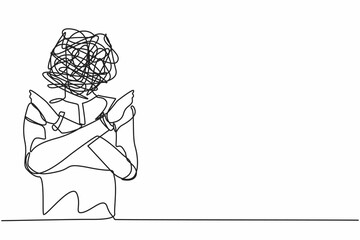 Poster - Single continuous line drawing robot with round scribbles instead of ahead, making x symbol, crossing hands, rejection, displeased. Robotic artificial intelligence. One line design vector illustration