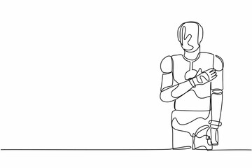 Poster - Single one line drawing robot standing with keeping hands on chest. Friendly robot expressing gratitude. Future technology. Artificial intelligence. Continuous line design vector graphic illustration